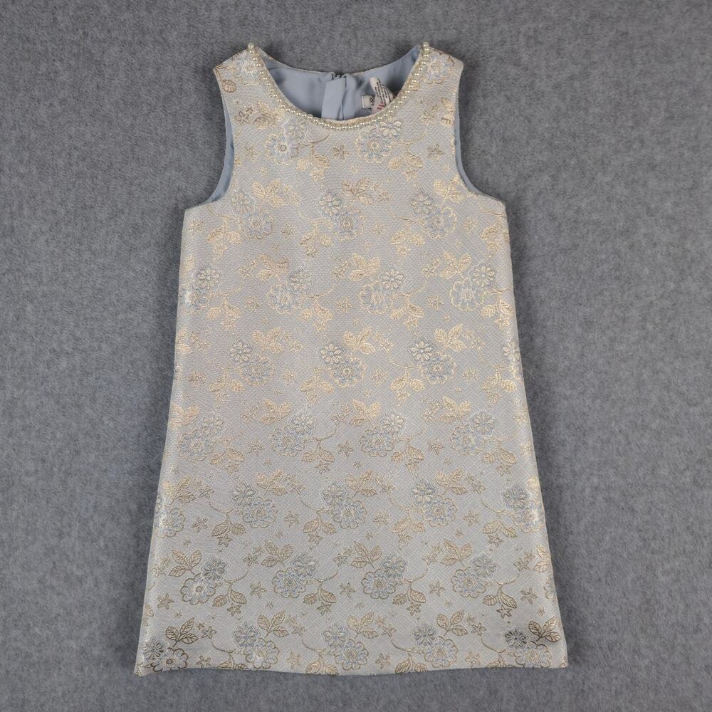 Rachel Zoe Cream and Gold Floral Shift with Pearl Neckline Girls' Dress